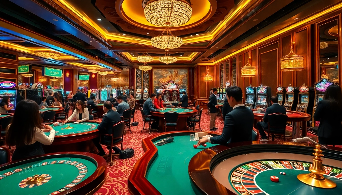 Engaging gambling scene at nhà cái fun79 featuring vibrant casino tables and excited players.