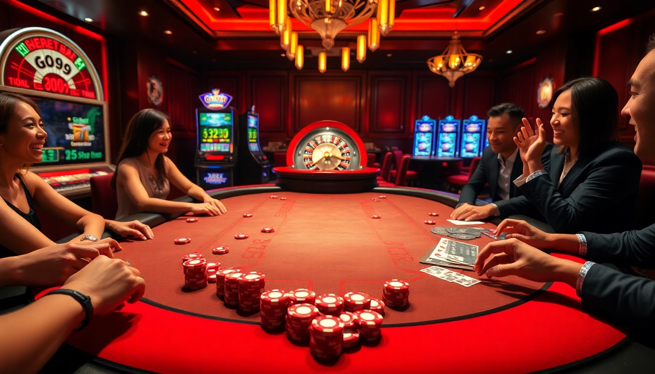 Excited players enjoying a Go99 gaming table in a luxurious casino atmosphere.