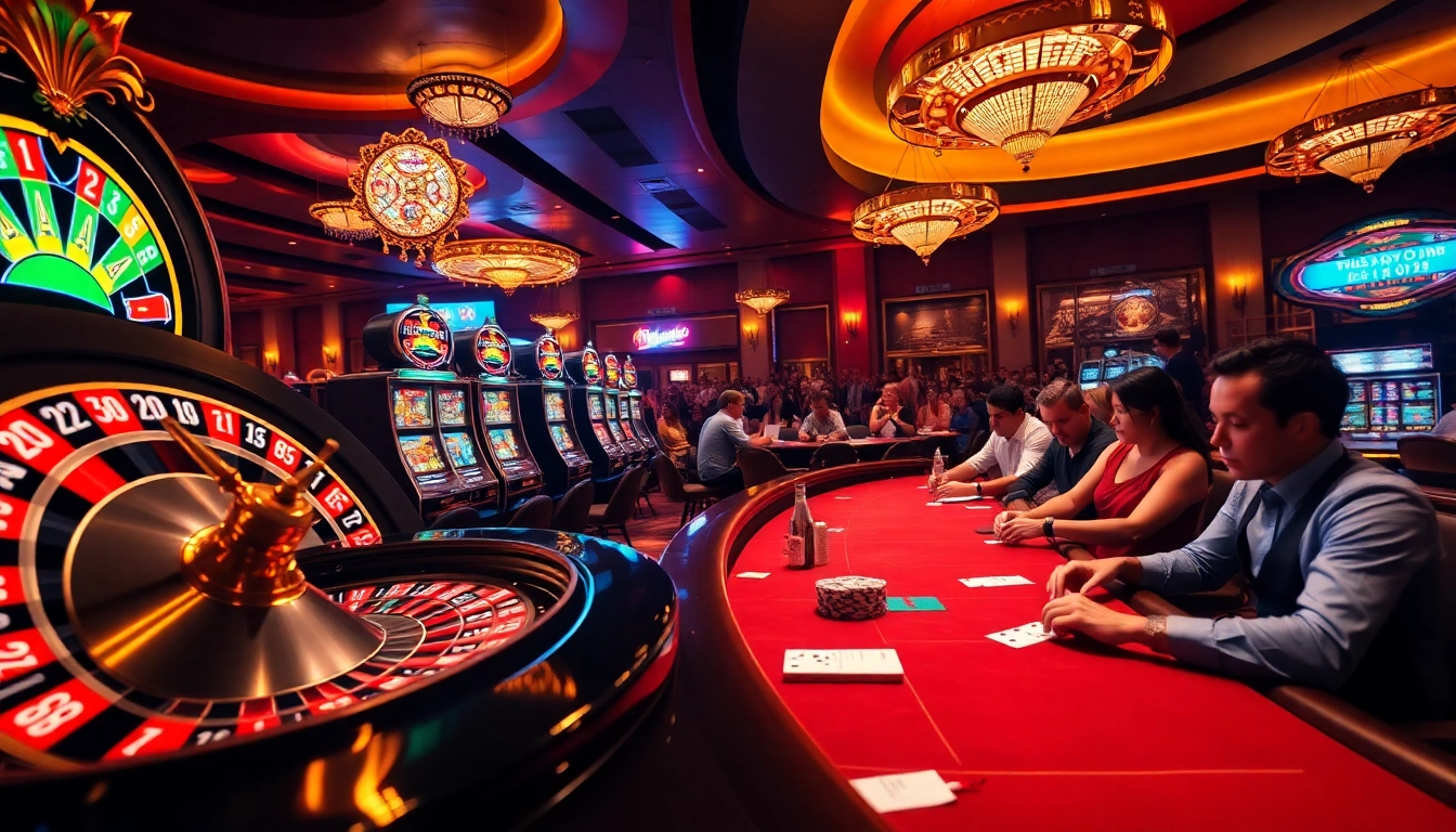 MMOO players experiencing thrilling casino action at vibrant poker and roulette tables.