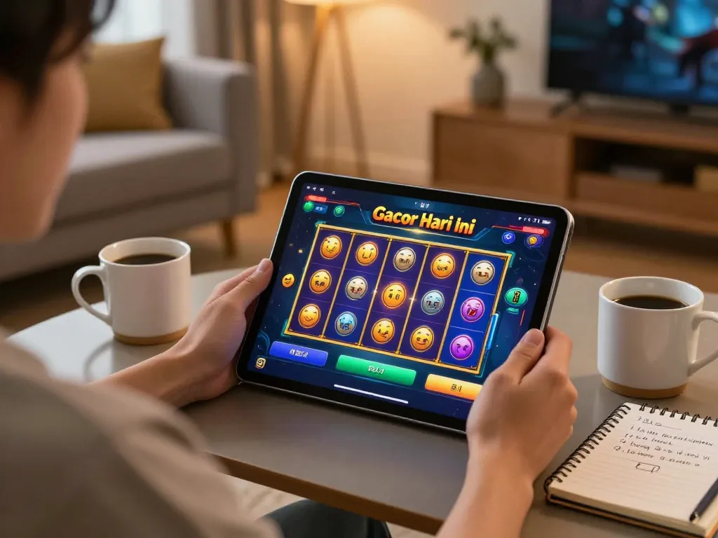 Engaging in a slot gacor hari ini game on a tablet, with a cozy and stylish home setup.