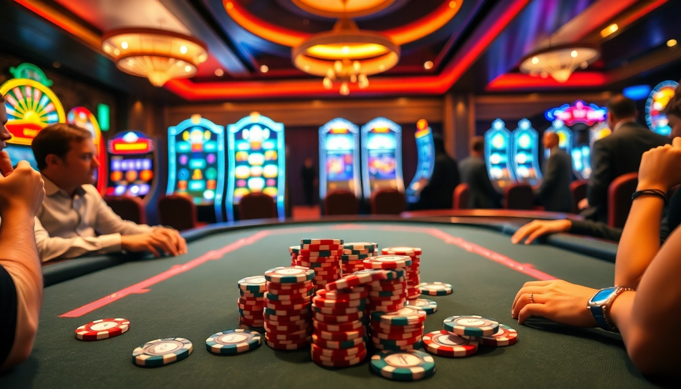 Players engage in a thrilling poker game with CM88 chips in a luxury casino environment.