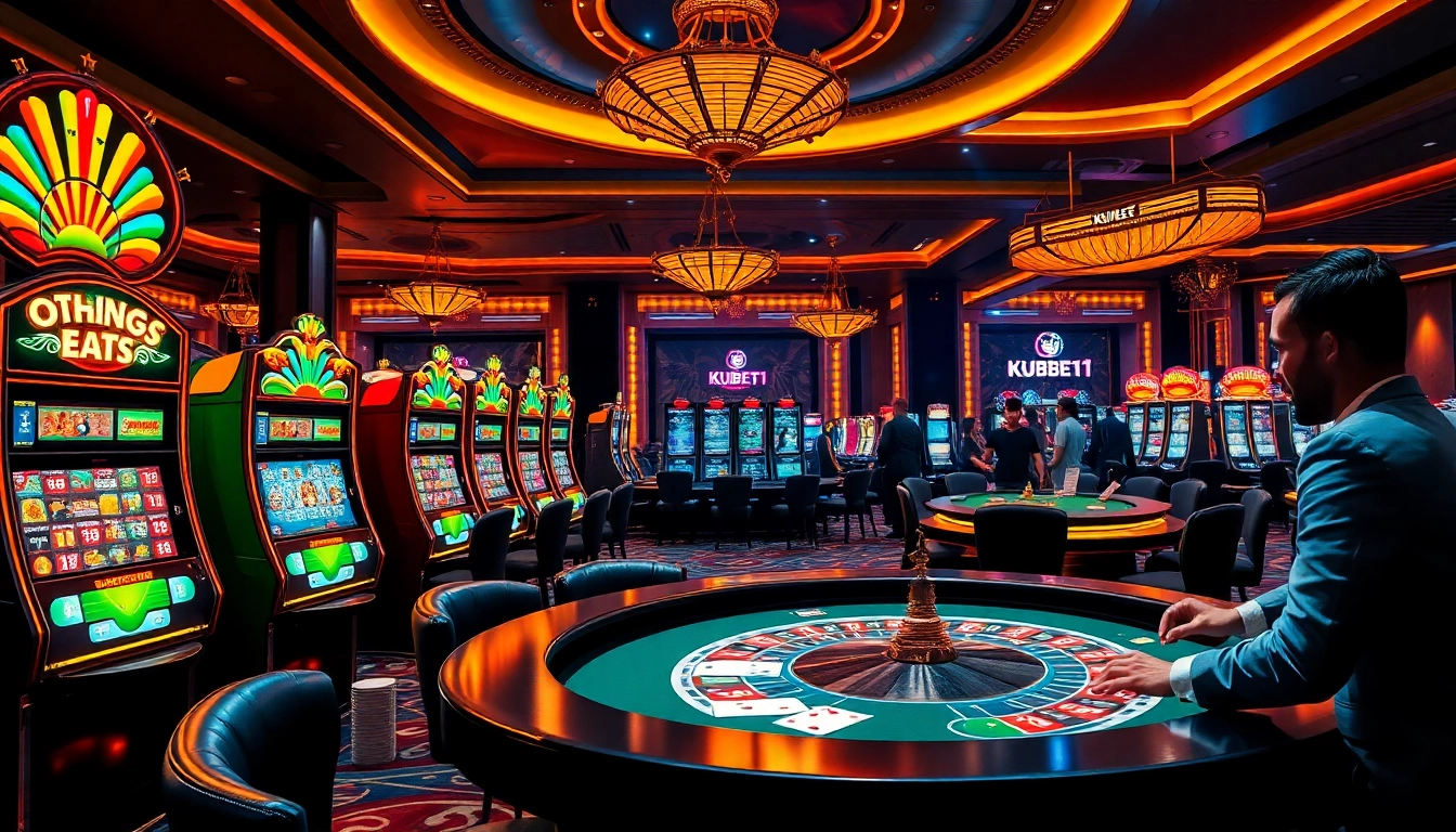 Exciting players enjoying the vibrant kubet11 casino atmosphere with colorful machines and tables.