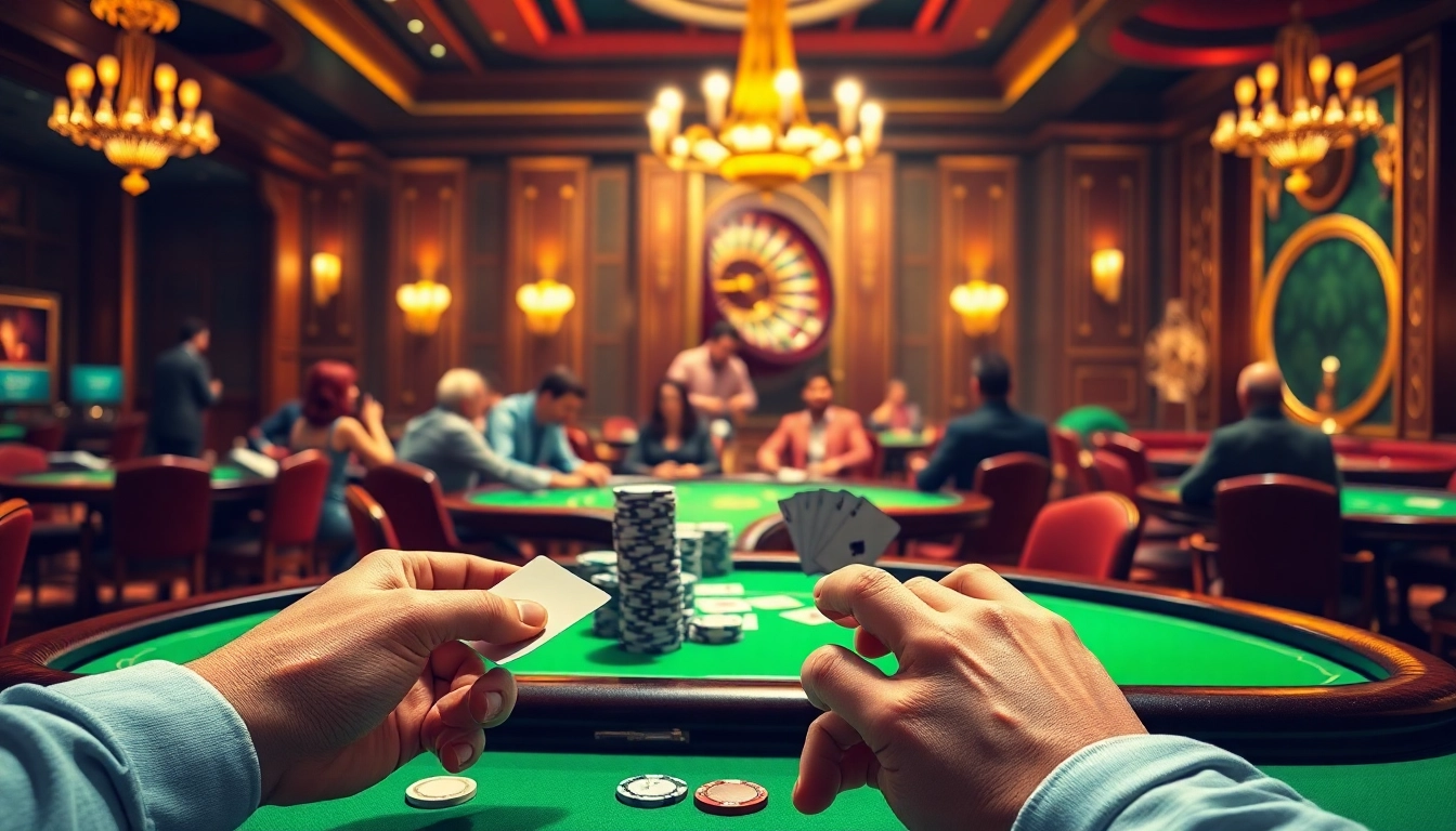 A thrilling poker game at a luxurious casino showcasing c1688 with players, cards, and chips.