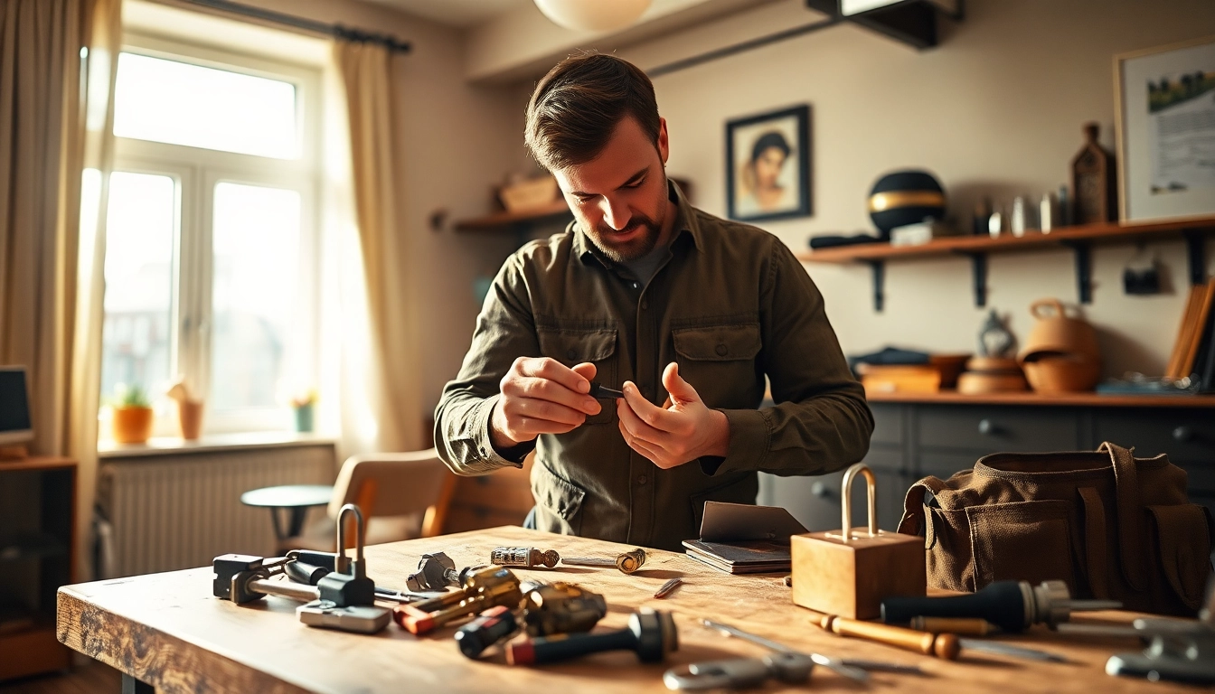 Professioneller Schlüsselnotdienst Berlin, der in einer modernen Wohnung arbeitet und einen Schlüssel repariert.