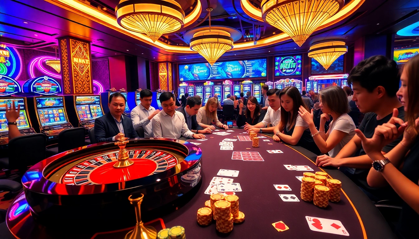 Exciting casino scene featuring Xổ số hôm nay with roulette and poker tables.