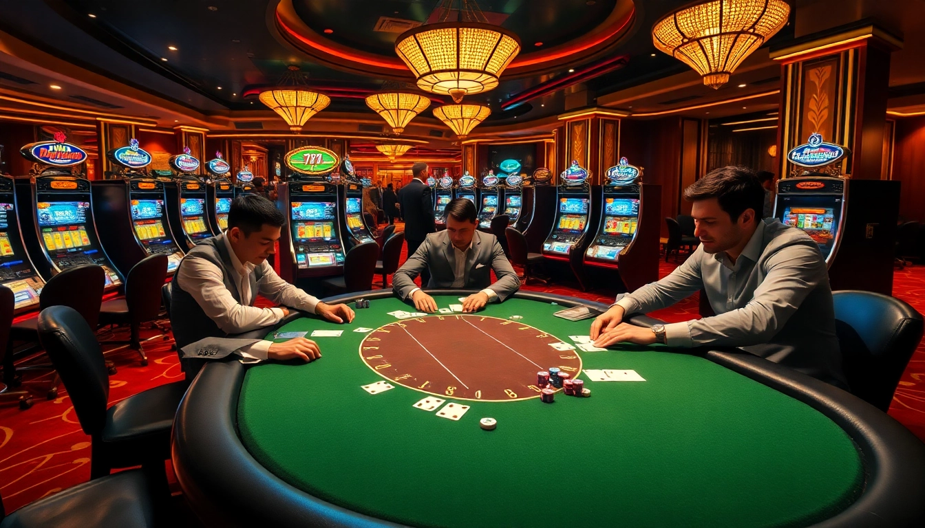 Exciting gaming action at 789P casino with poker tables and vibrant slot machines.