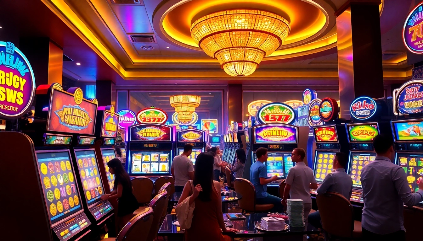 Engaging scene of players enjoying nổ hũ slot machines in a vibrant casino setting.