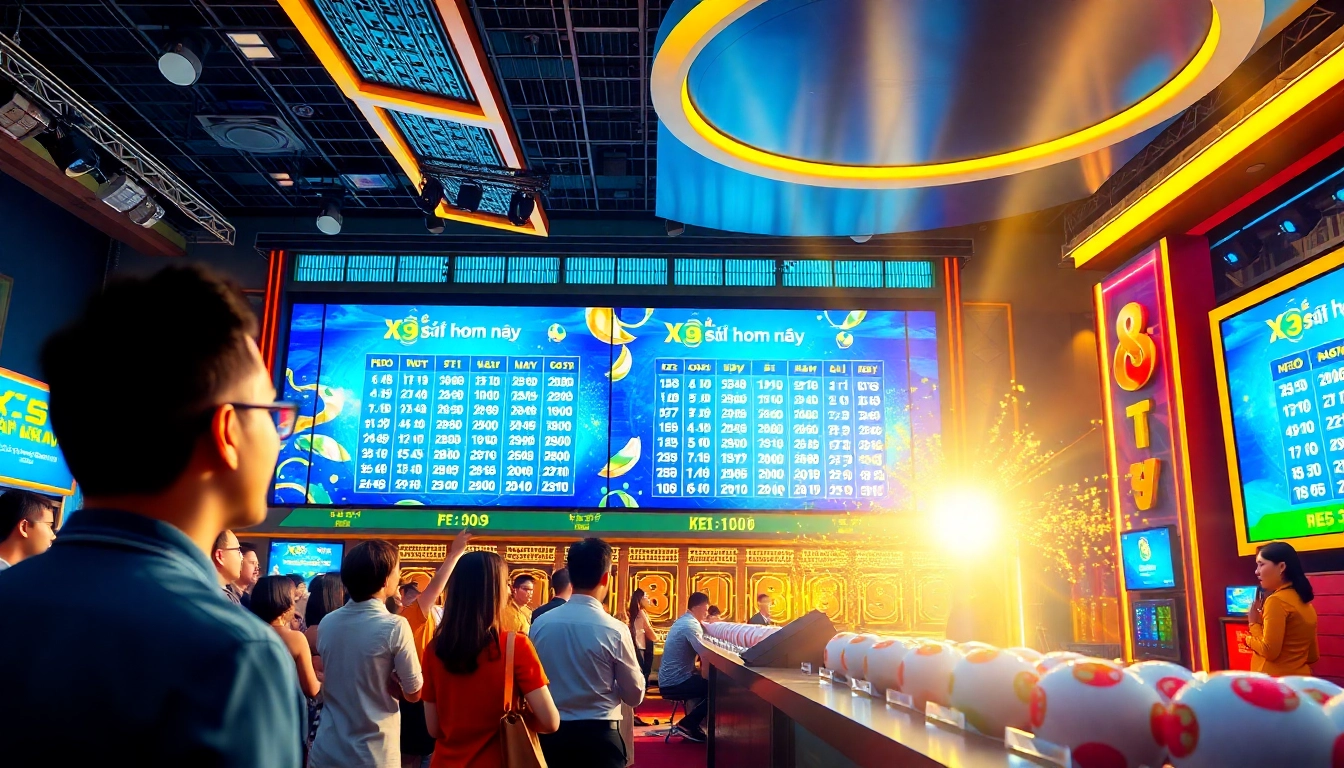 Xổ số hôm nay results in an exciting lottery studio with vibrant colors.