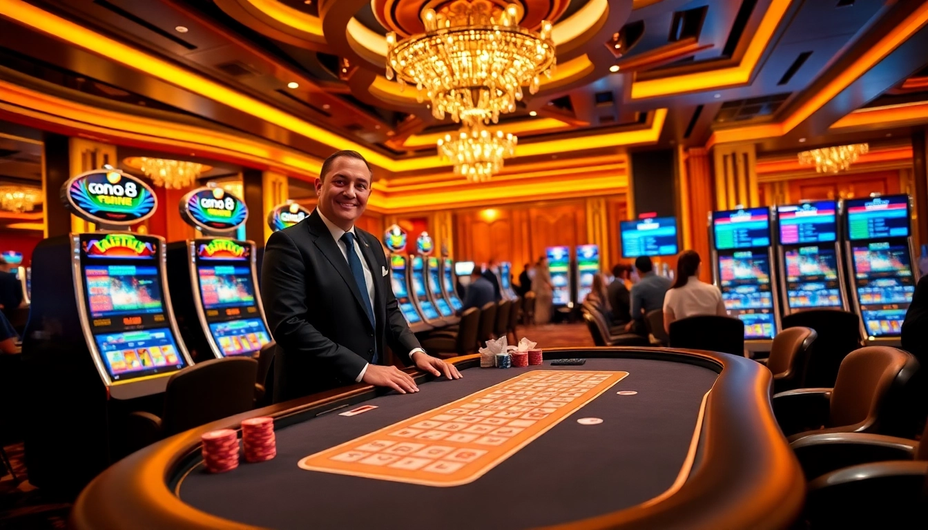 Experience the excitement of gambling with go8, showcasing vibrant slot machines and a sleek poker table.