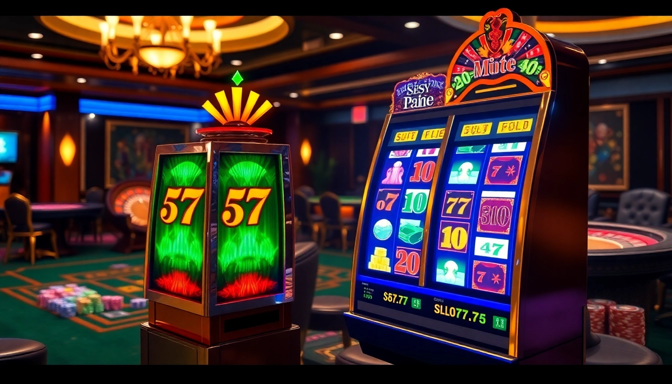Experience the excitement of Slot777 in a vibrant casino atmosphere with illuminated machines and colorful gaming elements.