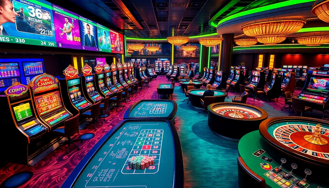 Exciting casino atmosphere at https://gg88.ltd/ with vibrant slot machines and poker tables.