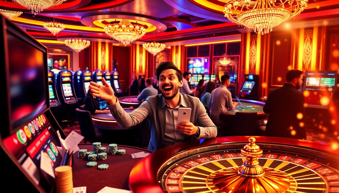 Jucător entuziast câștigând la Cazinouri online Germania, atmosferă vibrantă de cazinou cu elemente de joc digital.