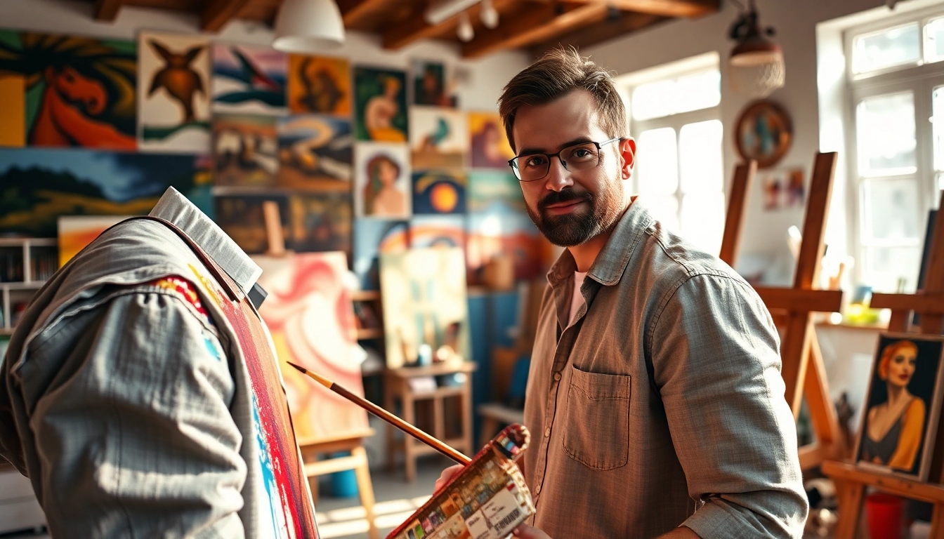 Painter creating a vibrant painting in a well-lit studio filled with art supplies.