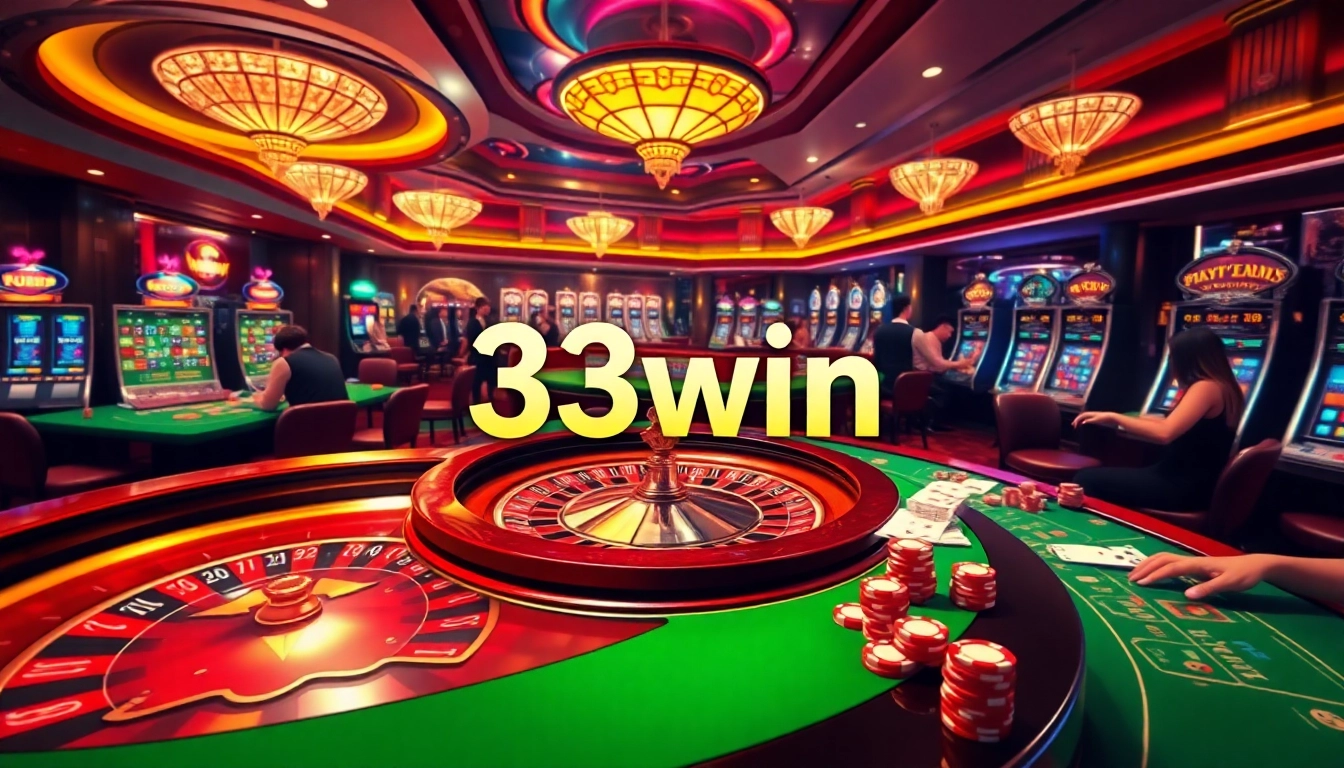 33win players enjoying a lively casino atmosphere with roulette and slot machines.