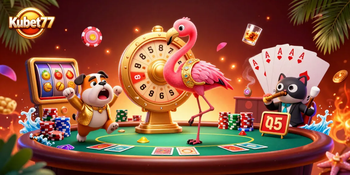 Kubet77 showcases a dynamic casino scene with a flamingo game host, exciting bulldog contestant, and vibrant gambling elements.