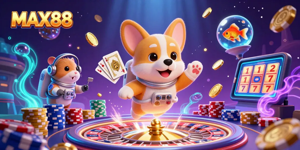 Experience MAX88 casino fun with lively characters in a captivating space setting.