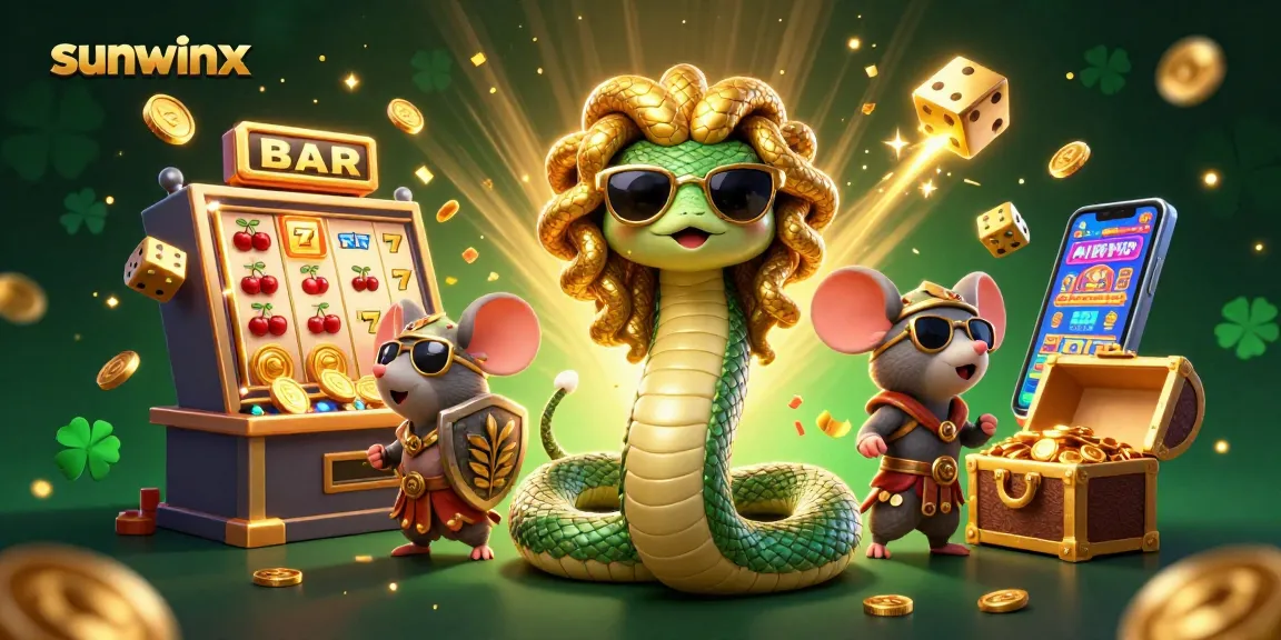 Play exciting slot games at sunwinx with Medusa and a warrior mouse in a vibrant casino scene.