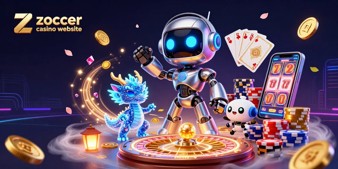 Erleben Sie die aufregende Welt der Zoccer Casino-Website mit neonblauen Robotern und leuchtenden Münzen.