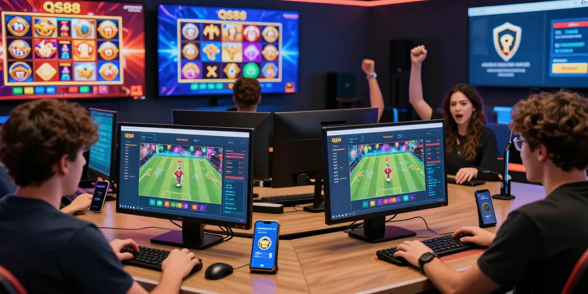 Engaging QS88 online gaming scene with diverse players enjoying various games, highlighting a vibrant betting atmosphere.