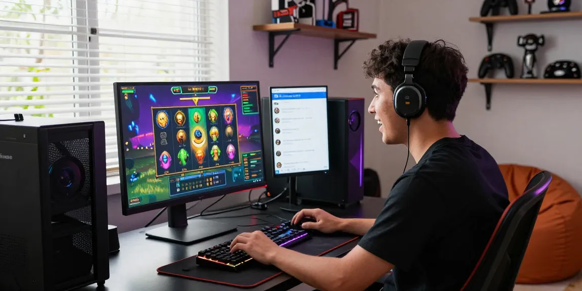 Gamer bersemangat memainkan slot gacor dengan perangkat modern dan suasana yang menarik.
