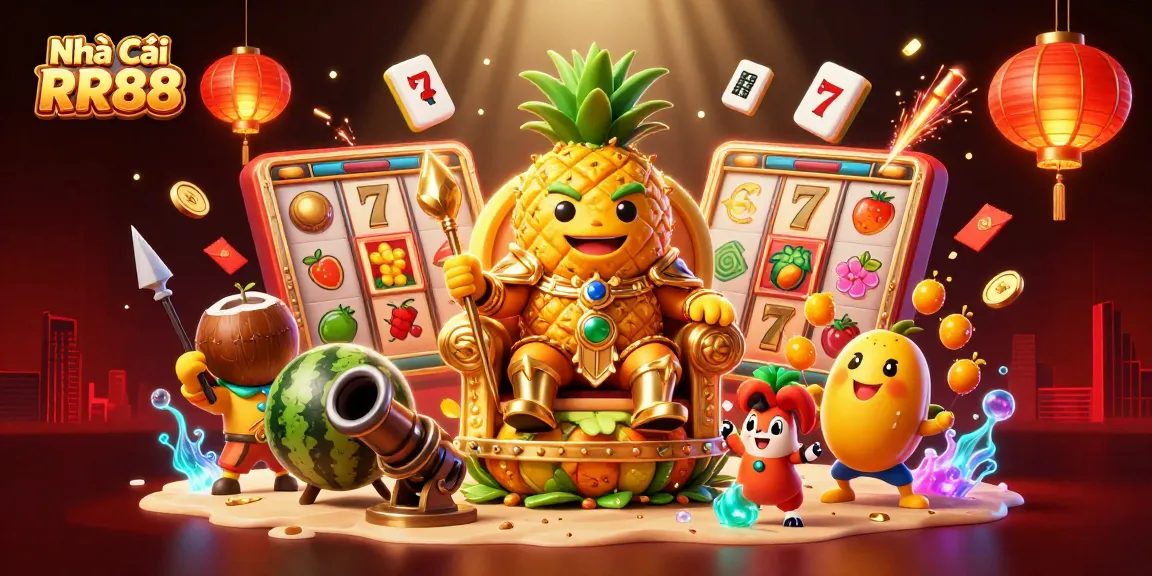 Engage with Nhà Cái RR88’s vibrant casino atmosphere featuring a golden pineapple king and dynamic game elements.
