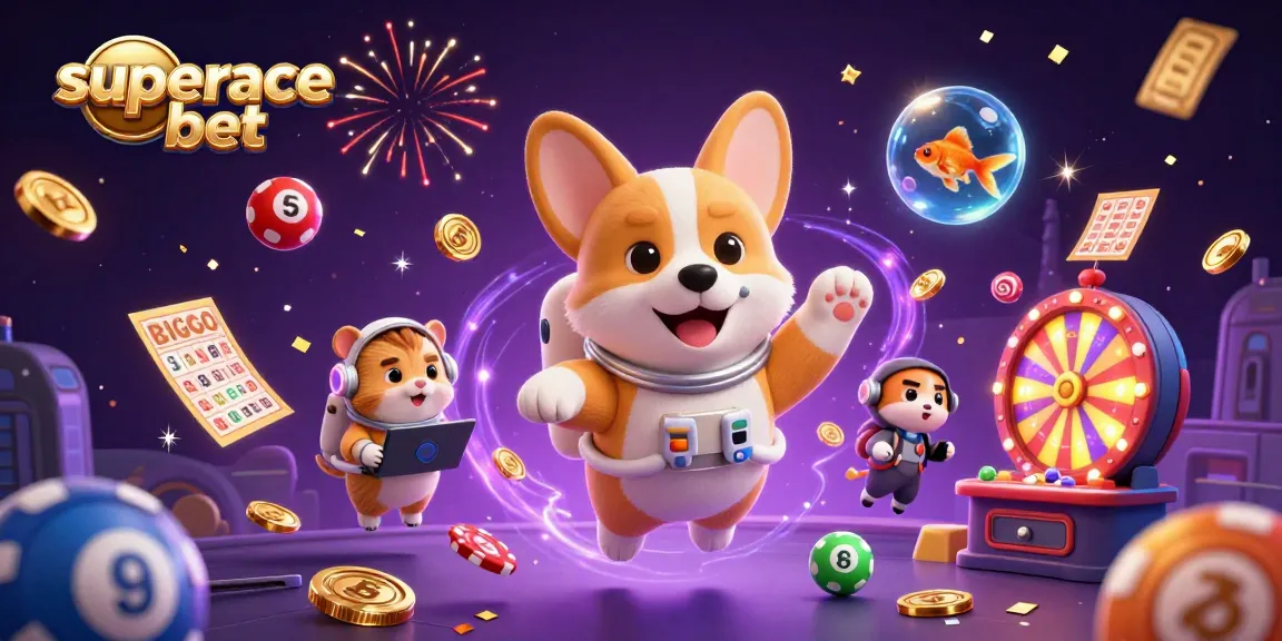 Experience the excitement of superace bet with floating characters in a vibrant casino setting.